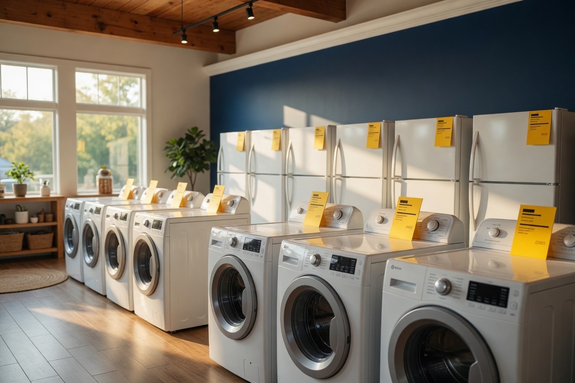 Rows of washers, dryers, and refrigerators with yellow price tags inside Economy Appliances